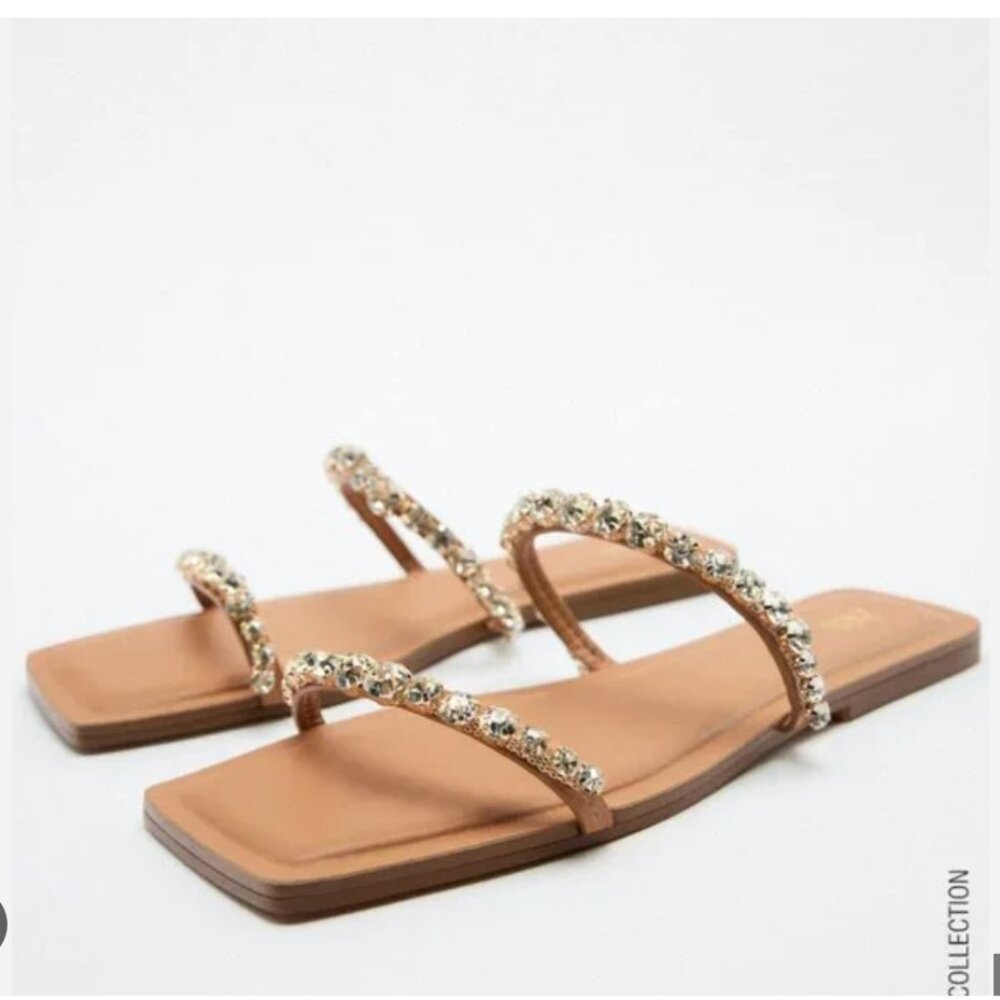 NWT ZARA RHINESTONE GEM DETAIL FLAT SANDALS - Picture 4 of 7